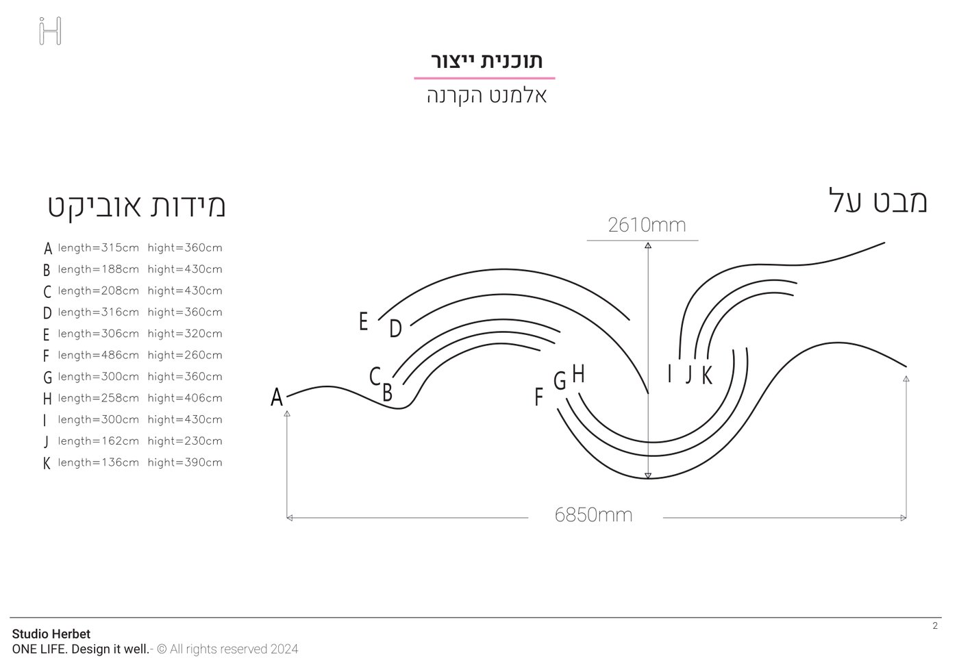 תוכנית הייצור במבט על: 11 יחידות A עד K, 6850 על 2610 מ״מ